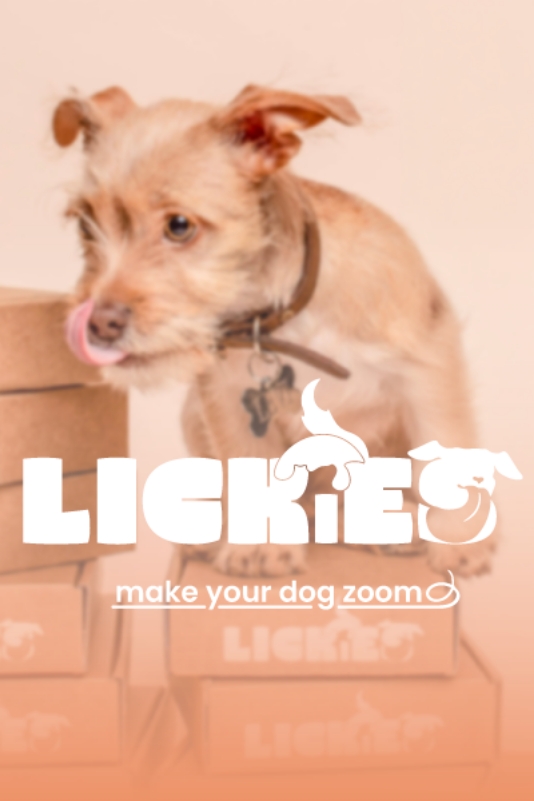 Markenwerbung für 'Lickies', eine Eiscrememarke speziell für Hunde, zeigt einen kleinen, beige-farbenen Hund neben Kartons mit dem Lickies-Logo. Der Hund leckt sich erwartungsvoll die Schnauze, was die Leckerbissen von Lickies als unwiderstehlich darstellt. Slogan 'make your dog zoom' deutet auf den Genuss und die Freude hin, die Lickies Ihrem Hund bringt.