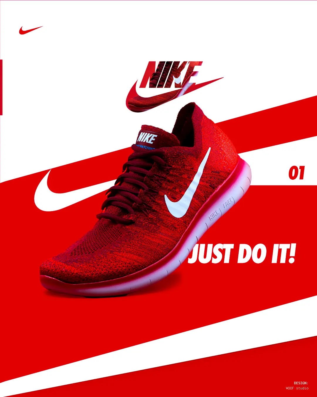 Nike Flyknit Sportschuh in Rot mit dem bekannten Nike-Logo, designt von WOOF studio.